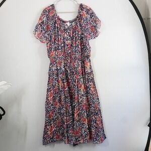 Sundance Clarisse Floral Print Crinkle‎ Midi Dress Bohemian Summer Cottagecore L